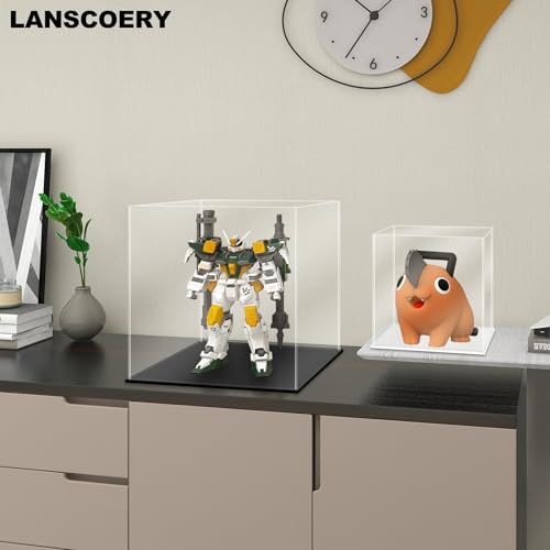 LANSCOERY Acrylic Display Case, 8x8x8 in Clear Display Box with 2mm Panels, Black Base, LED String Light Accessory for Action Figures and Building Block Models - color: Black, size: 8x8x8inch; 20x20x20cm