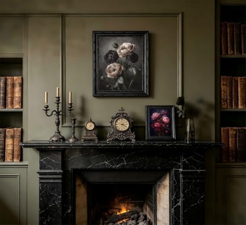 Dark Floral Gothic Wall Art Framed, Vintage Black Poppy Flower Canvas Print with Ornate Carved Frame, Dark Academia Aesthetic Wall Decor for Bedroom Living Room Halloween - color: Black Poppy Flower, size: 16"L x 12"W