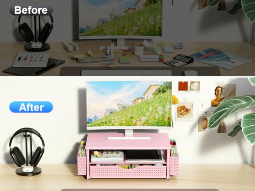 Spacrea Desk Organizer and Accessories, Computer Monitor Stand Riser with Drawer and 2 Pen Holders, Office Desk Accessories & Workspace Organizers for Office Supplies (Pink) - color: Pink