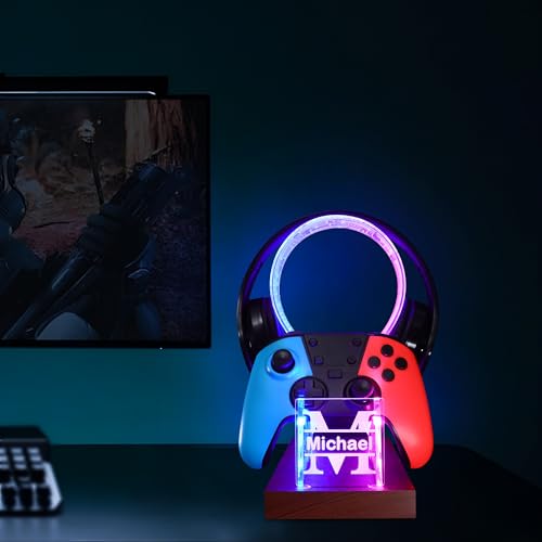 YuanDian Gamer Gifts for Teenage Boy, Desk Gaming Headset and Controller Stand with Blue Pink LED Night Light, Acrylic Wooden Controller Holder with PCB Pattern, Desk Decor Gift (Customized) - color: text customize