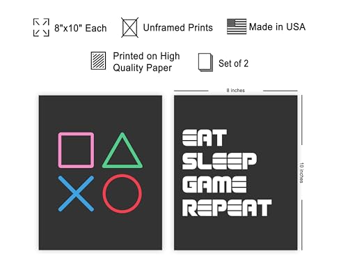 Poster Master 2-Piece Eat Sleep Game Repeat Print - Gaming Poster - Geeky Art - Gamer Gift - Great Game Room, Man Cave or Boy's Bedroom Decor - 8x10 UNFRAMED Wall Art - color: Style-09, size: 8"L x 10"W