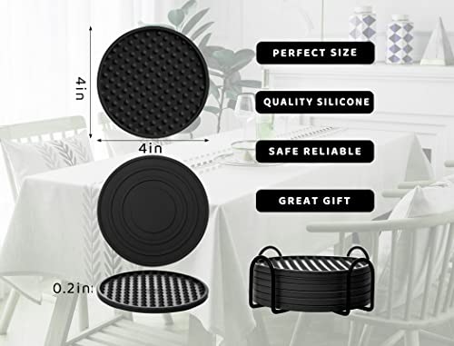 Coasters for Drinks 6 Pack Drinking Coaster with Holder,Heat Resistant Silicone Cup Mat Tabletop Protection,Non-Slip Rubber Coasters for Kinds of Cups (Black) - color: Black-metal Holder