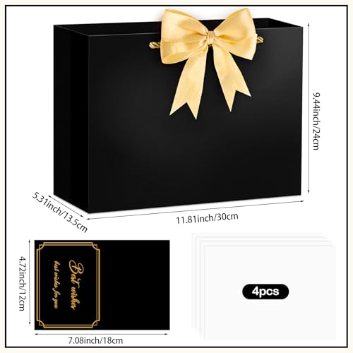 Hooqict Gift Bag Black Birthday Gift Bags with Handles, 1 Ribbon, 4 Tissue Paper, 2 Greeting Cards for Men Women Birthday Presents Wedding Retirement Christmas Gifts Fathers Day - color: Black