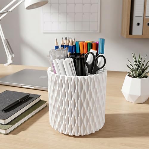 Lebenrich Rotating Pen Holder for Desk, 5 Slots Easthetic Pencil holder Desk Organizer Supplies and Accessories for Women Girls, Pencil Cup for Office Home Art Supply, White - color: White