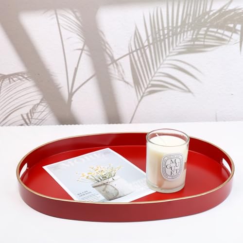 Spsyrine Red Plastic Serving Tray for Ottoman, Coffee Table, Oval Decorative Tray for Entertaining, Outdoor, Living Room, Home Decor - color: Oval Red, size: 15.5" x 10.6" x 1.4"