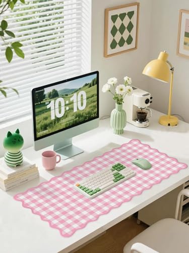 Scalloped Pink Checkered Gingham Desk Mat Cute Pastel Large Mouse Pad Kawaii Cottagecore Vintage Girly Laptop Keyboard Computer Mat Pad Aesthetic Cozy Office Desk Decor for Women - color: A3-pink