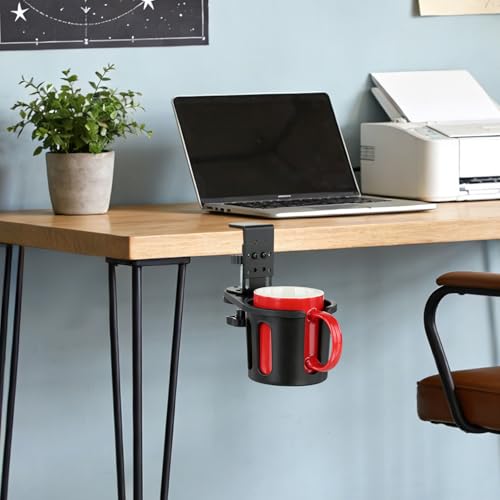 MYITYARD Desk Cup Holder Clamp, Clip On Table Cup Holder, Rotatable Water Bottle Stand Drink Coffee Mug Storage, Office Accessories for Home and School - color: Black-1