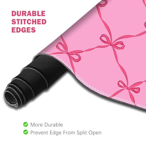 ToLuLu Large Mouse Pad Desk Pad Set, Wrist Rest Support Desk Mat for Keyboard Mouse, 4PCS 35.4”x15.7 XXL Giant Mouse Pad, Non-Slip Base Stitched Edges Mousepad Office Desk Decor, Hot Pink Bow - color: Hot Pink Bow