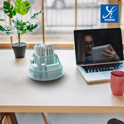 YINGHUA Metal Mesh Desk Organizer with 5 Compartments and Rotating Pencil Holder Pen and Stationery Organizer for Office Home School Anti Slip Base Blue - color: Blue