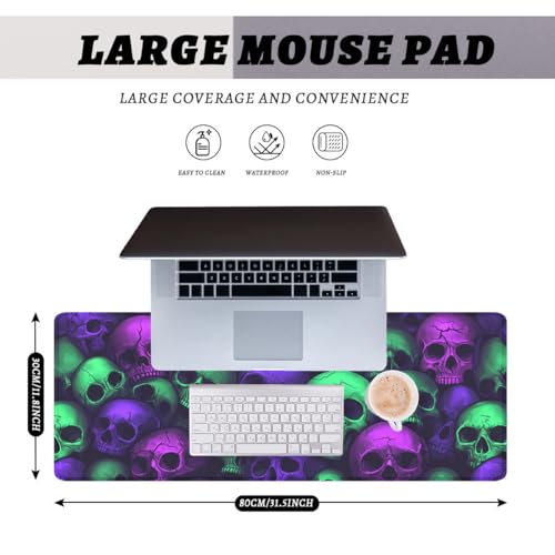 Neon Skull Gaming Mouse Pad Purple Green Gothic Halloween Skeleton Extended Keyboard Mouse Mat for Computer Office, Big Laptop Mouse pad, Gaming Pc 31.5x11.8 in - color: Neon Skull, size: 31.5L x 11.8W inches