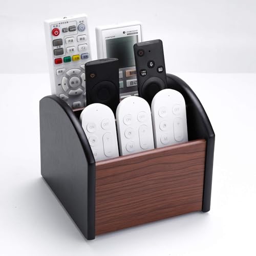 MaxGear Remote Control Holder Caddy, Wooden Desk Organizer, 4 Compartments | 360° Rotating Wooden Caddy; 4 Compartments for Remotes & Desk Supplies; Anti-Slip Base