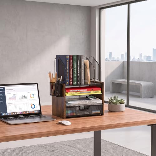 Wood Desk Organizer - 4-Tier Desktop File Organizer with Drawer, Wooden Paper Tray, Vertical File Holders & 2 Pencil Holders - Office Desk Organizer for Papers, Mail, Notebooks, Stationery - size: 4 Tier Drawer with Vertical File Holder