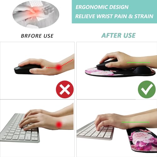 Keyboard Wrist Rest Pad Mouse Pad with Wrist Support Set of 3, Mousepad with Non-Slip Rubber Base, Ergonomic Memory Foam Mouse Wrist Cushion Support for Home Office Laptop Computer Gaming, Flowers - color: Flowers Pink