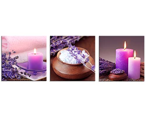 NAN Wind Zen Canvas Wall Art Spa Still Life with Purple Aromatherapy Candles and Zen Stone Aroma Lavender Flower Painting Pictures Print on Canvas Ready to Hang for Bathroom Decoration (14X14inchX3pcs, aromatherapy) - color: aromatherapy, size: 14X14inchX
