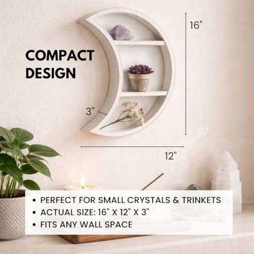LABEND HOME Moon Shaped Shelf for Crystals - Crescent Moon Shelf Wall Mounted - Half Moon Shelf for Crystal Display, Stones, Trinkets - Reversible Boho Spiritual Décor for Bedroom - White Rustic Wood - color: White