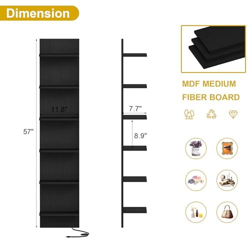 Qupui 6 Tier Wall Shelf Unit with LED Remote Control Light, 57 Inch Floating Storage Home Decor Organizer Shelving for Bedroom Living Room, Black - color: Black