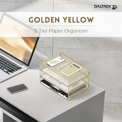 DALTACK 3 Tier Letter Tray Paper Organizer for Desk, Mesh Metal Desk File Organizer with Sliding Trays for Letter/A4 Paper, Mail, Bills & Folders, Yellow - color: Golden Yellow