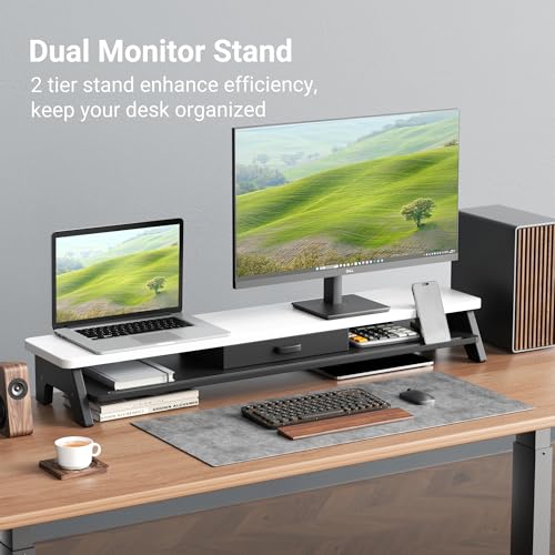 AFOOYO Dual Monitor Stand Riser,LED 2-Tier 39.3 Inch Computer Monitor Stand for 2 Monitors,Office Desktop Organizer with Storage Drawer and Phone Holder for Laptop,PC,Computer,Printer,White - color: LED-White, size: 2 Tier