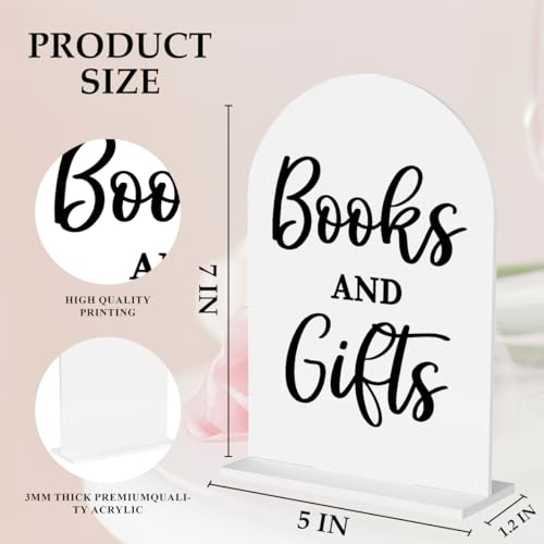 Baby in Bloom Shower Decorations, Baby Shower Sign, Newborn Gifts, Books and Gifts Signs, Modern Calligraphy Arched 5x7 Inch Arch Acrylic Table Top Signs for Birthday Party Decorations - color: Books1