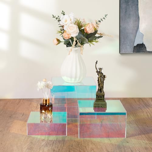 3Pcs Iridescent Risers Display Stands,Stackable Acrylic Cubes | Clear Display Box Nesting Rainbow Showcase for Collectibles Figures Jewelry Perfume Handbag Dessert, Neon Food Buffet Riser - color: Iridescent-3pcs