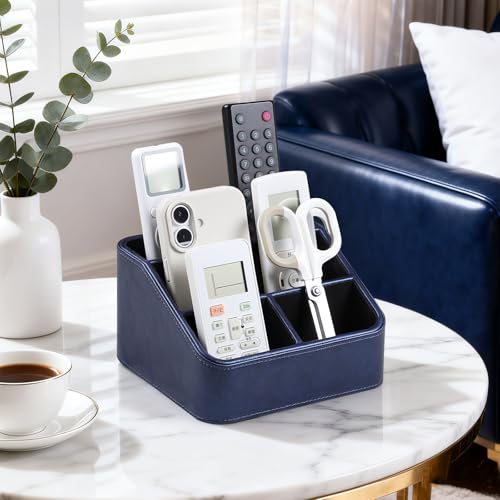 Remote Control Holder, PU Leather Small Desk Organizer with 4 Compartments, Nightstand Organizer Office Desk Accessories Desk Caddy for Countertop Bedside End Table (Navy Blue) - color: Navy Blue