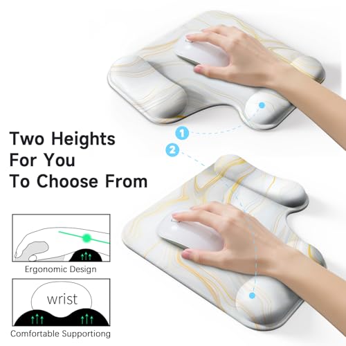 Ergonomic Mouse Pad with Gel Wrist Rest (1"& 1.2" Dual Height) - Mouse Pads Compact Mousepad Desk Mat Office, Gaming & Carpal Tunnel Relief | Non-Slip Rubber Base Gold Marble - color: Gold Marble