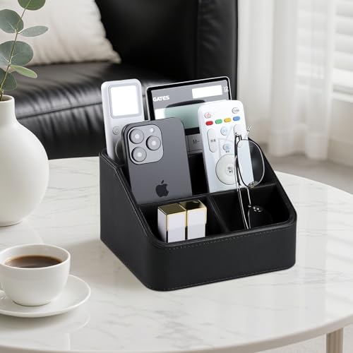 Remote Control Holder, PU Leather Small Desk Organizer with 4 Compartments, Nightstand Organizer Office Desk Accessories Desk Caddy for Countertop Bedside End Table (Black) - color: Black