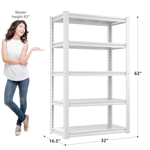 Raybee Storage Shelves, 2000LBS Garage Shelving,White Metal Shelves, 5 Tier Adjustable Heavy Duty Shelving for Pantry Kitchen Closet Basement Warehouse 16.5" D x 32" W x 63" H - size: 16.5"D x 32"W x 63"H,White
