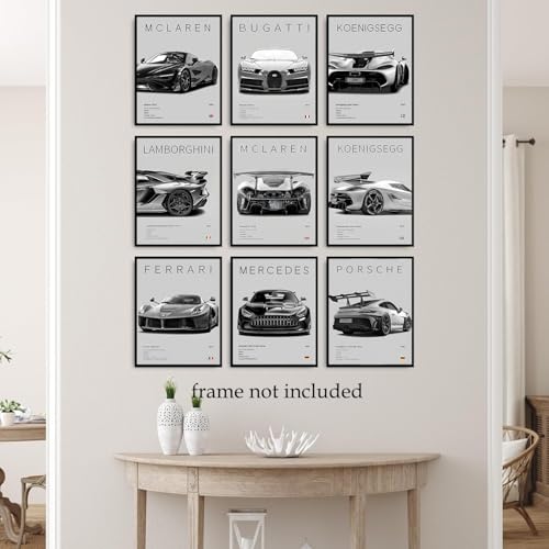 CSLGQGV Car Posters Vintage Racing Car Wall Art Supercar Canvas Prints Painting For Men Room Pictures Guys Dorm Room Aesthetics Decor Bedroom Office (Unframed,8×10inch,9pcs) - color: grey 2, size: 8" x 10" Poster