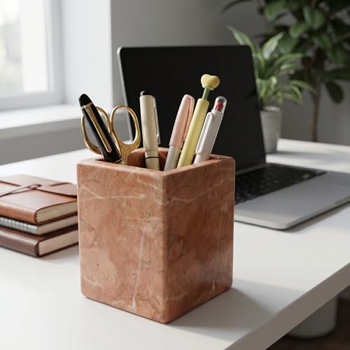 Natural Marble Pen Holder, 2.95” x 3.74” Square Makeup Brush Organizer, Toothbrush Holder, Multi-Purpose Marble Caddy for Desk, Bathroom Vanity, Small Flower Vase & Office Supplies (Rosa Verona) - color: Rosa Verona