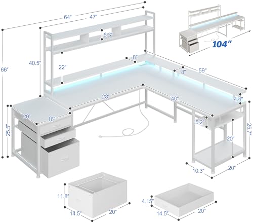 EnHomee 104''L Shaped Desk with 4 Layouts,Outlet for Two Person Home Office | 4 Layout Sizes 64''–104'', Multi-Room Compatibility, 4 AC+2 USB Outlet, Multi-Monitor Stand, Simultaneous Work and Charging - color: White