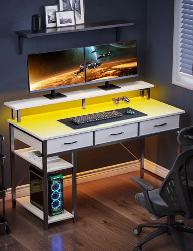 Rolanstar Computer Desk with Power Outlets & LED Light, 39 inch Home Office Desk with 3 Drawers and Storage Shelves, Writing Desk with Monitor Stand, Work Desk for Home Office,White - size: 39inch