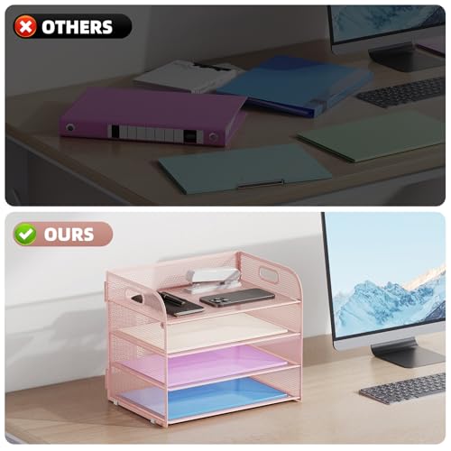 Marbrasse 4 Tier Paper Organizer Letter Tray - Mesh Desk File Organizer with Handle, Paper Sorter Organizer for Letter/A4 Office File Folder Holder (Pink, 12.6" x 9.1" x 10.7") - color: Pink