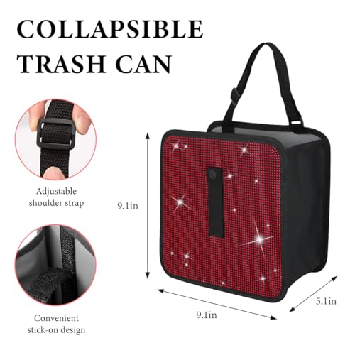 Car Foldable Trash Can, Bling Rhinestone Oxford Garbage Container Hanging Waterproof Organizer, Mini Crystal Dustbin Waste Basket Leakproof Trash Bin for Car Office Kitchen (Red) - color: Red