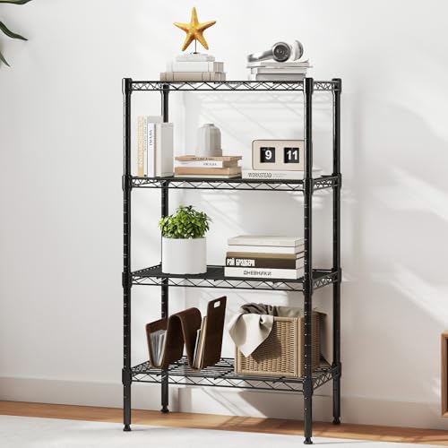 DUMOS 4-Tier Metal Wire Storage Shelves, Adjustable Standing Storage Rack Shelf, Heavy Duty Steel Shelving Unit Organizers for Kitchen Bathroom Pantry Garage, 23.3" Wx13.4 Dx47 H, Black - size: 4 Tier-47"H without wheels