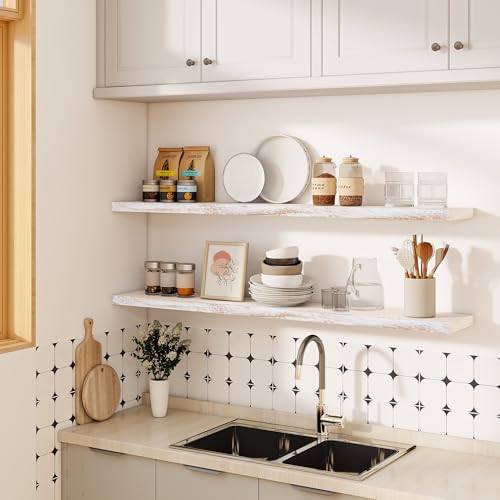Flat Edge Elm Wood Floating Shelf with Invisible Bracket 55”Weathered White - color: Weathered White, size: 55”,set of 1