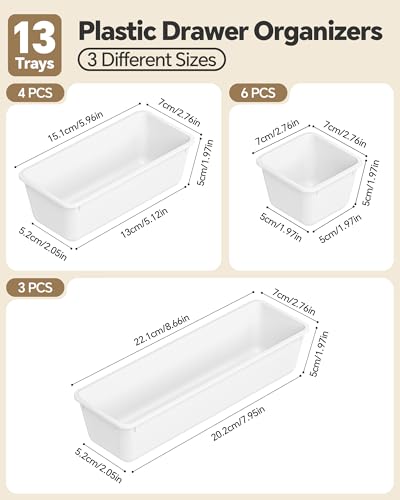 Canfanni 13 Pack Plastic Drawer Organizers Set, 3 Sizes Desk Drawer Organizer Trays for Vanity and Makeup Organizer, Organization and Storage for Makeup, Kitchen Utensils, Bathroom and Office(White) - color: White