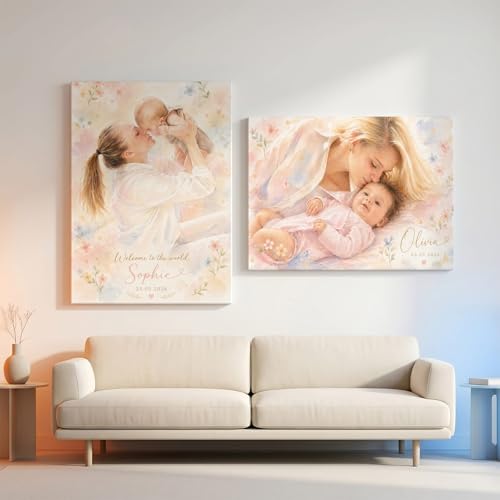Personalized Floral Watercolor Portrait Canvas, Custom Canvas Wall Art from Photo with Name & Date, Soft Pastel Family Picture Painting, Unique Gift for Mom, Grandma, New Mom, Nursery & Home Decor - color: Style 3