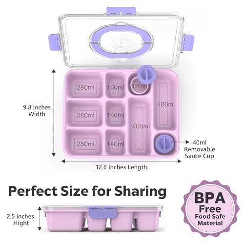 Snackle Box Container for Adults with 10 Compartment, Divided Serving Tray with Lid and Handle and 2 Sauce Containers, Portable Snack Box Container for Charcuterie Party Travel, Purple - color: Purple