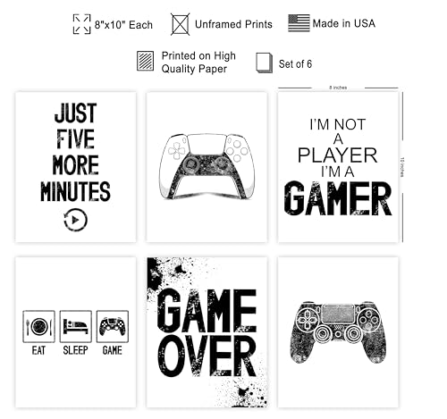 Poster Master 6-Piece Video Game Print - Contemporary Gaming Poster - Geeky Art - Black & White Design - Gamer Gift - Minimal Game Room, Man Cave or Boy's Bedroom Decor - 8x10 UNFRAMED Wall Art - color: Style-01, size: 8"L x 10"W