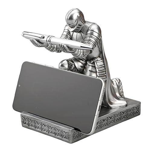 Windbreaker Soldier Knight Pen Holder Personalized Desk Accessory, Mobile Phone & Gaming Controller Holder, Device Stand Gift for Medieval Enthusiasts (Silver) - color: Silver