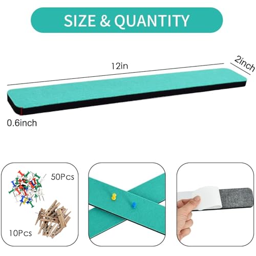 Vuzvuv 8 pcs Bulletin Board Bar Strips with 50 Pushpins & 10 Wooden Clip pins,Self Adhesive Cork Board for Wall,Felt Pin Board for School,Office Decor(Turquoise) - color: Turquoise