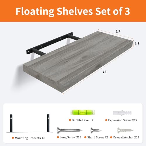 Upassion Floating Shelves for Wall Set of 3, 16" Gray Wall Shelves for Home Decor, Frame Display Floating Shelf for Living Room, Bedroom, Bathroom, Kitchen - color: Grey, size: 16 Inch