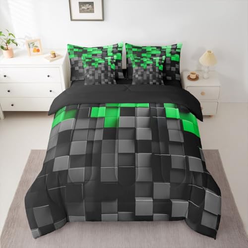 Pixelated Black Green 7 Piece Bedding Set Twin Size ,Geometric Check Video Games Bed in a Bag for Boys Girls ,Gamepad Grid Comforter Set with Sheets,Pillowcases & Cushion Cover Microfiber Room Decor - color: Black Green, size: Twin