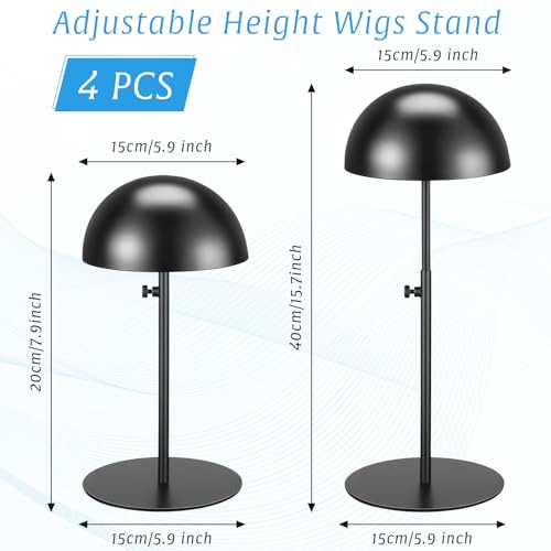 Sintuff 4 Pcs Hat Display Stand:adjustable 7.9-15.7inch Wigs Head Holder Stand Non Slip Stainless Steel Metal Rack for Multiple Hats Wig Storage Styling Practice(Black,Round Base) - color: Black, style: Round Base