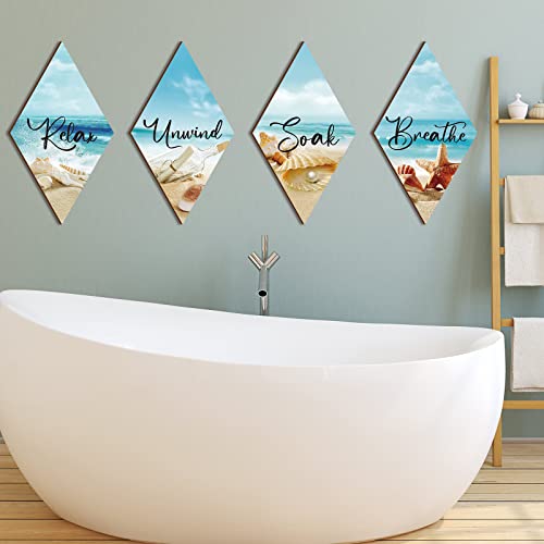 FairySandy 4 Pcs Boho Bathroom Wall Decor 11.8 x 6.69 Inch Bohemian Restroom Wall Art Bathroom Rustic Decoration Farmhouse Minimalist Relax Soak Unwind Breathe Sign for Bedroom Living Room Restroom - style: Sea