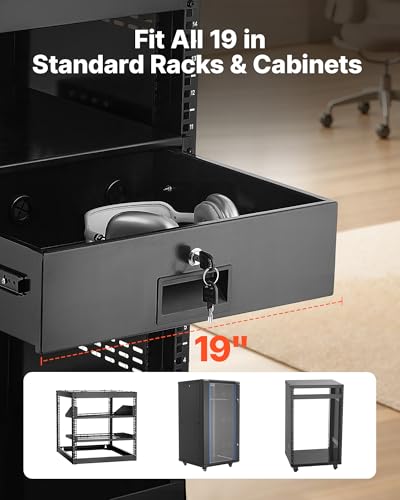 VEVOR 3U Rack Drawer, Lockable Server Cabinet Case, 13.8'' Depth Server Rack Mount Drawer, for 19'' Network Equipment/DJ/AV Rack or Cabinet Enclosure, 50 lbs Max Load, with Cable Management Holes - size: 3U