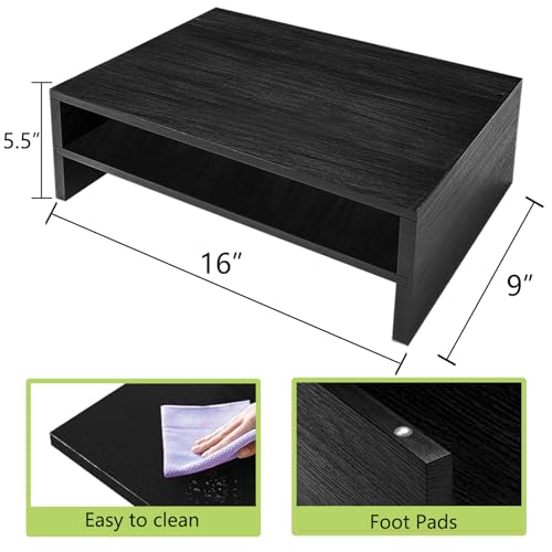 Simpple Trending Monitor Stand Riser, 2 Tier Wood Office Desk Storage Organizer for Laptop, Computer, Black - size: 16"W x 9"D x 5.5"H
