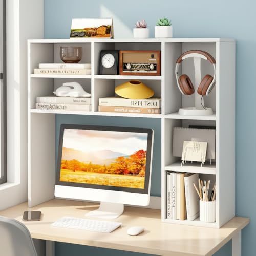 Tangkula Desktop Bookshelf, 37" Countertop Storage Hutch with 7 Cubes & 3 Adjustable Shelves, 3-Tier Desk Display Rack Organizer, Multipurpose Wood Desktop Hutch for Dorm Home Office (White) - color: White, size: 7 Shelves
