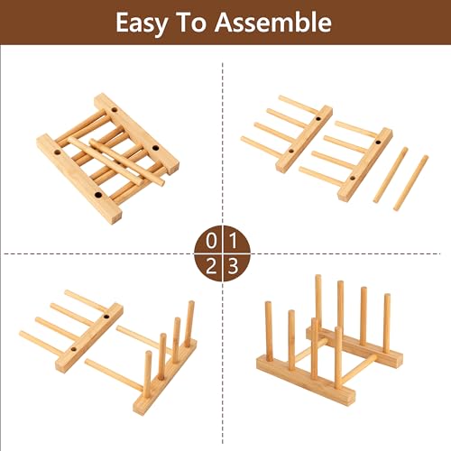 HBlife 4pcs Bamboo Dish Plate Bowl Cup Book Pot Lid Cutting Board Drying Rack Stand Drainer Storage Holder Organizer Kitchen Cabinet(Keep Dry) - color: Bamboo 3 Slots 4pcs
